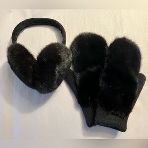 Real Black Mink Fur Earmuffs and Mittens Set